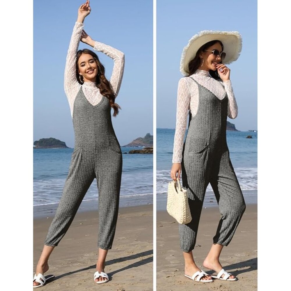 Ekouaer Spaghetti Strap Ribbed Overall Jumpsuit in Dark Gray - Size‎ XXL - Picture 9 of 10